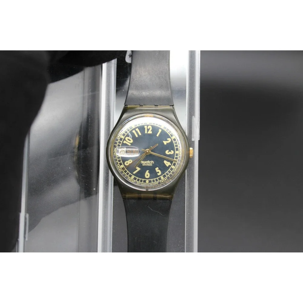 Vintage 1992 Swatch Gent Day-Date‎ Black Gold Dial Olive Case Swiss Quartz Watch